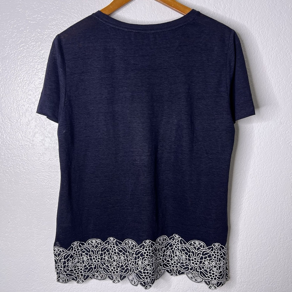 Tory Burch 100% Linen Women's Large Eyelet Trim Blouse Navy Blue Short Sleeve - Picture 6 of 10